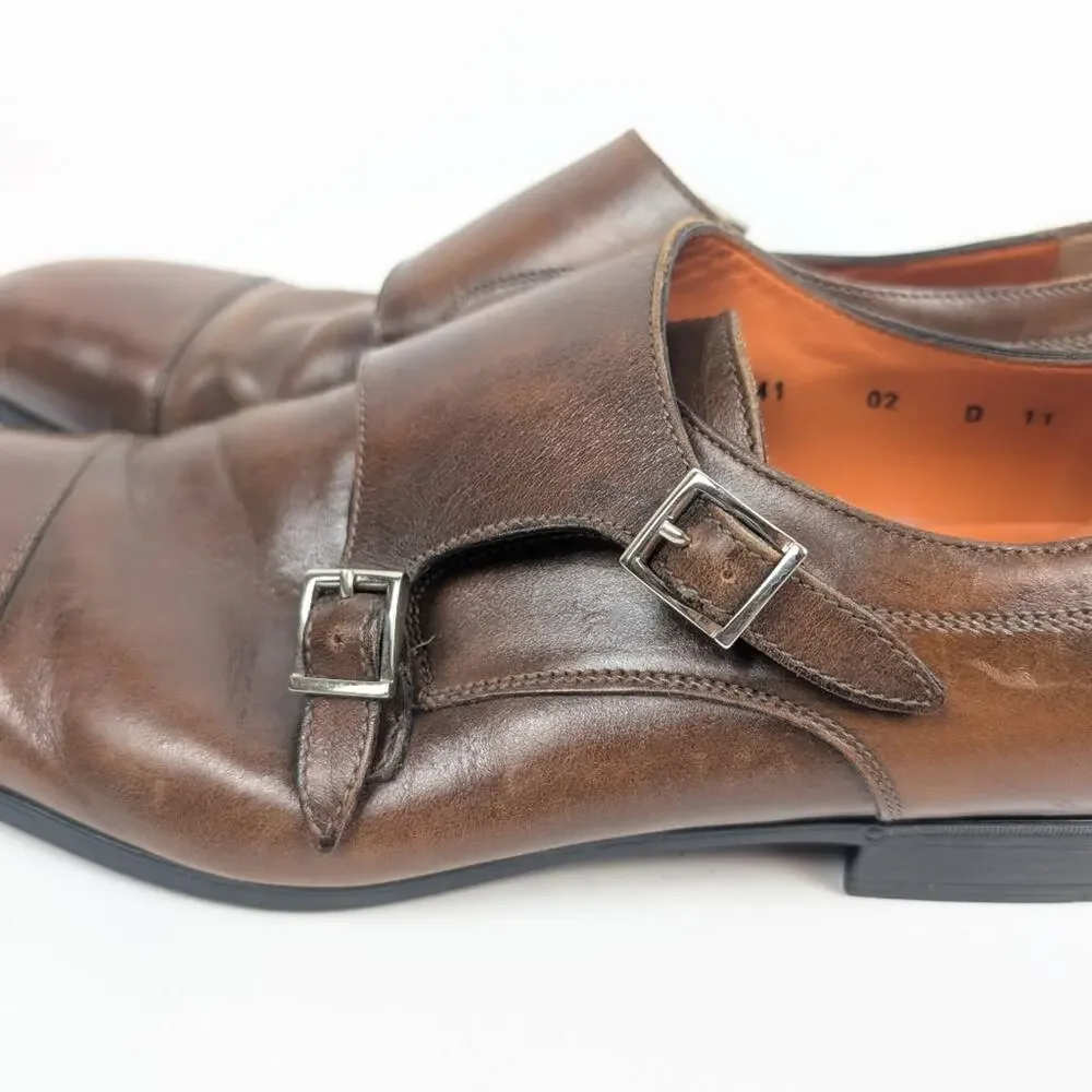 Santoni IRA Monk Strap Shoes 11 Brown Leather Double Buckle Mens Luxury Dress